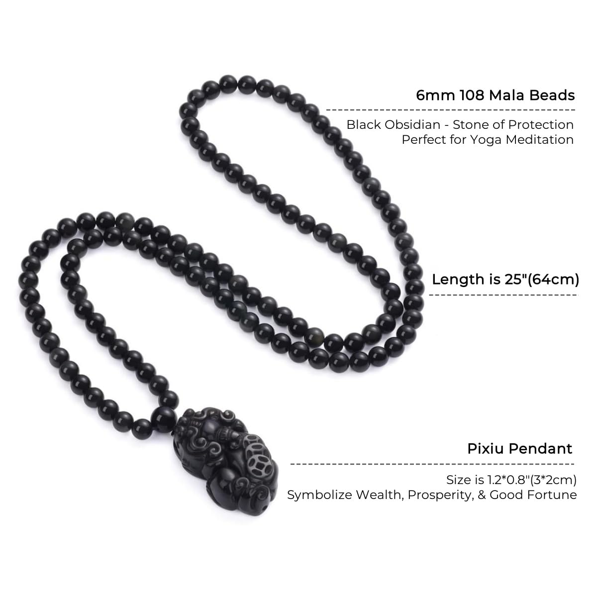 COAI 108 Mala Beads Black Obsidian Necklace for Men Women, Chinese Fengshui Necklace Pixiu Pendant for Men Women - Image 3
