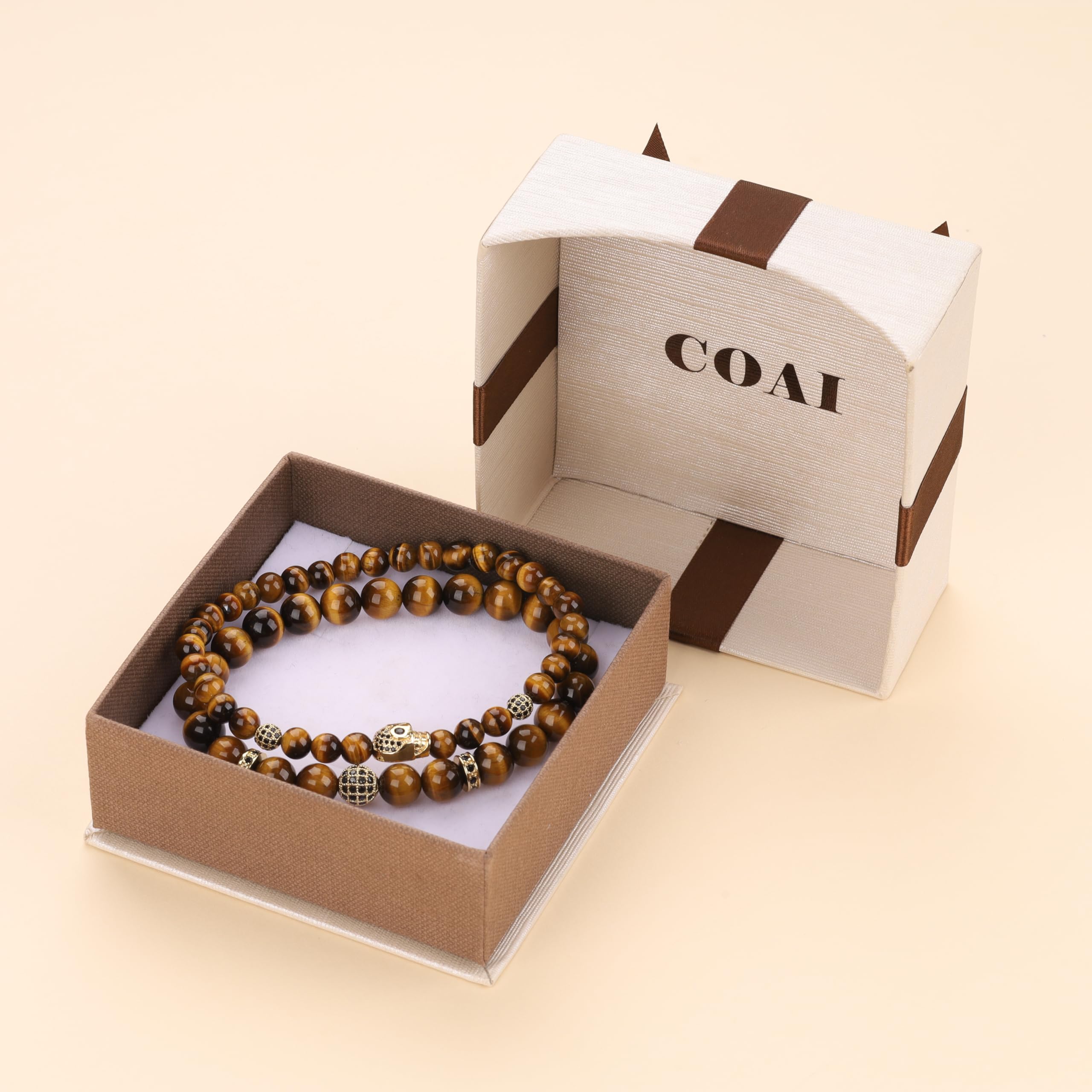 COAI 2 Packs Men's Stone Beaded Bracelet, Skull Bracelet - Image 5