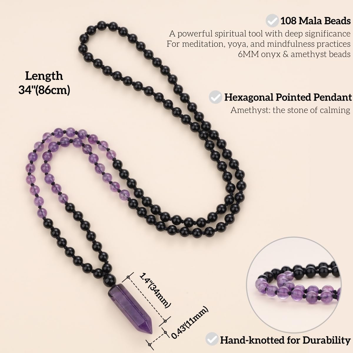 COAI Handmade 108 Beads Mala Necklace for Women, Green Aventurine/Amethyst Onyx 7 Chakra Necklace for Women - Image 3