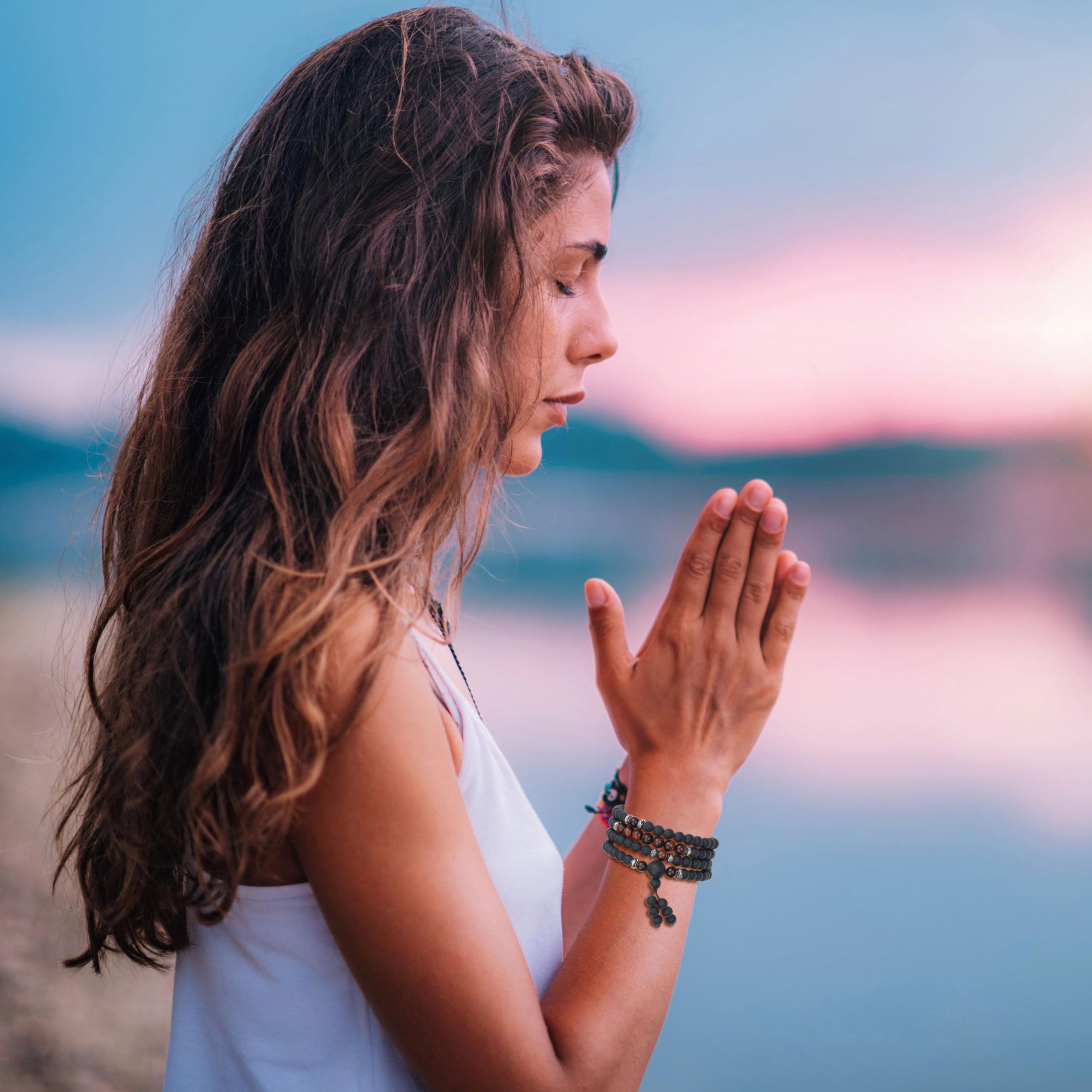 COAI Tibetan 108 Mala Beads Red Tiger Eye Matte Onyx Stone Wrap Bracelet Necklace - Image 3
